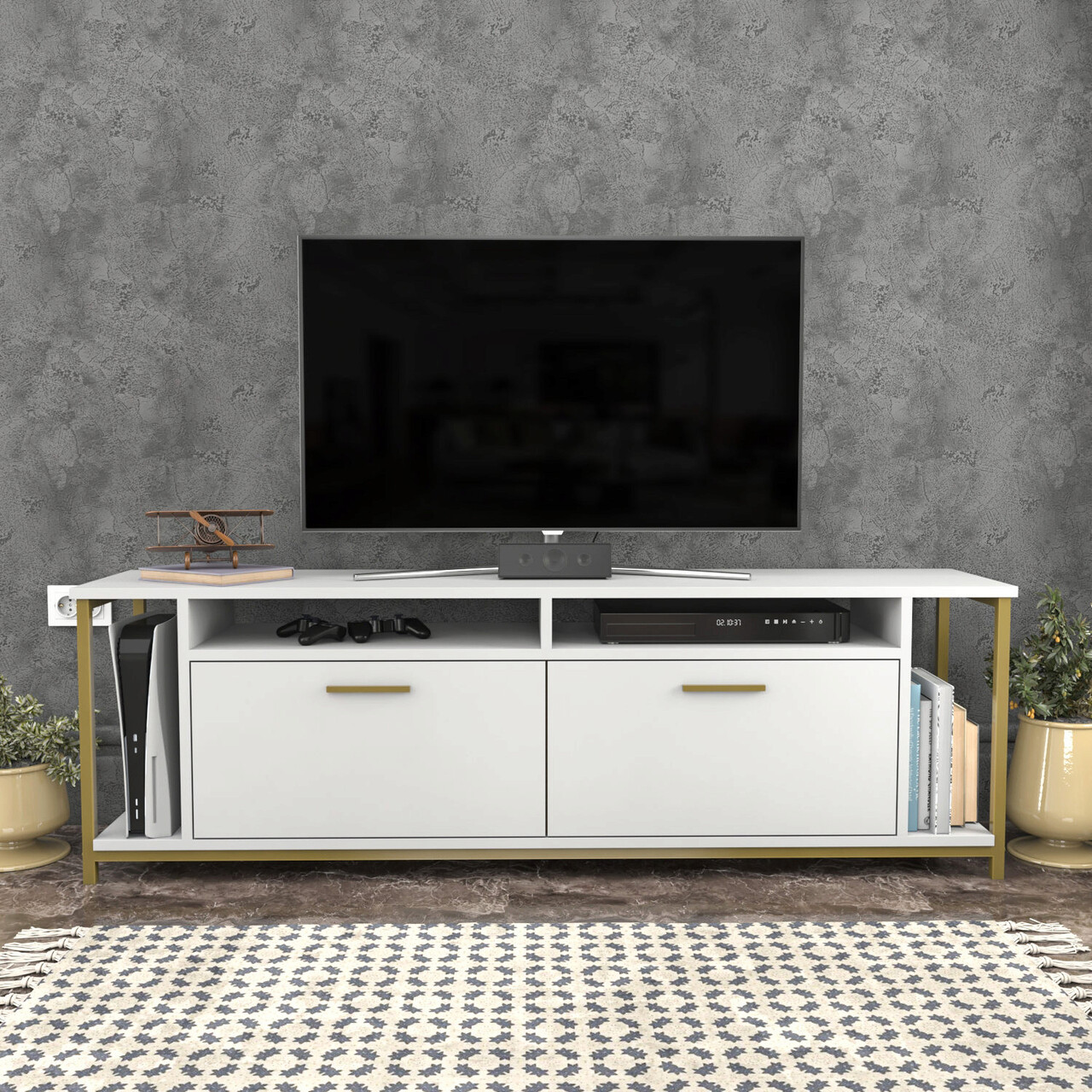 Comoda TV, Hanah Home, Omar, 160x35x50.8 cm, Alb/Auriu - imagine 7